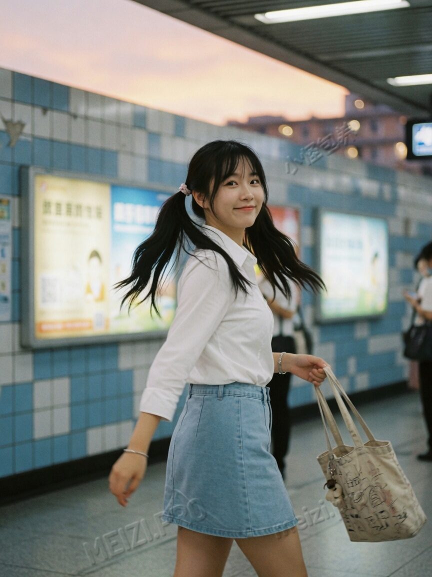 甜美学生气穿搭，地铁站台侧身走路抓拍