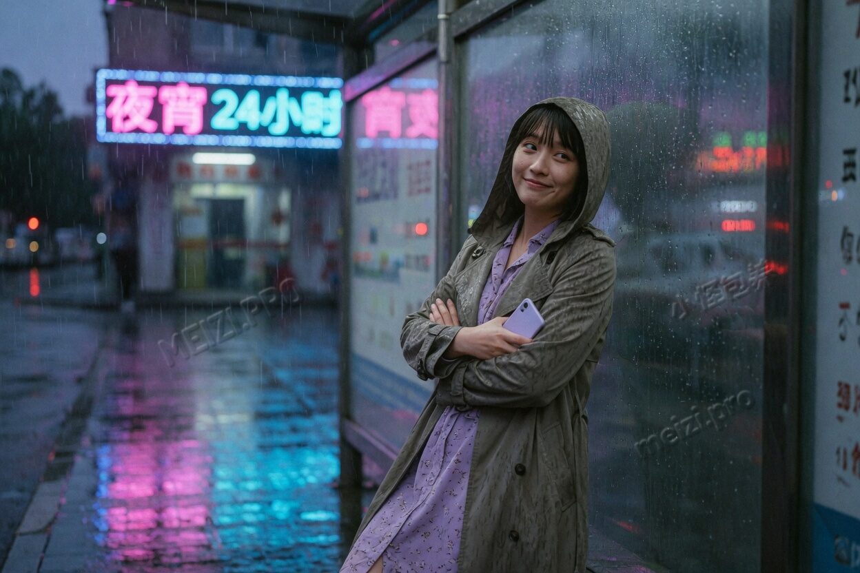 雨夜公交站，女生抱着手机戒备地站在霓虹反光里