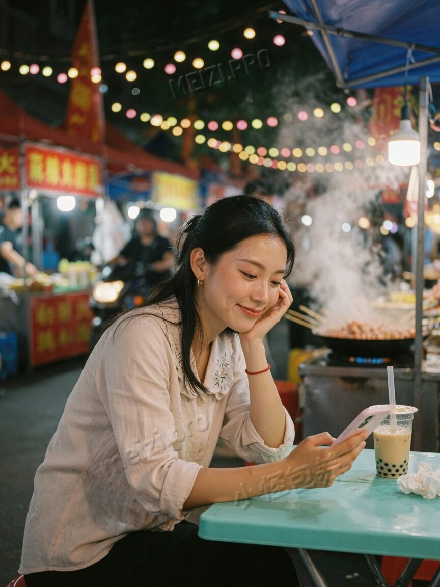 夜市里低头看手机的女生