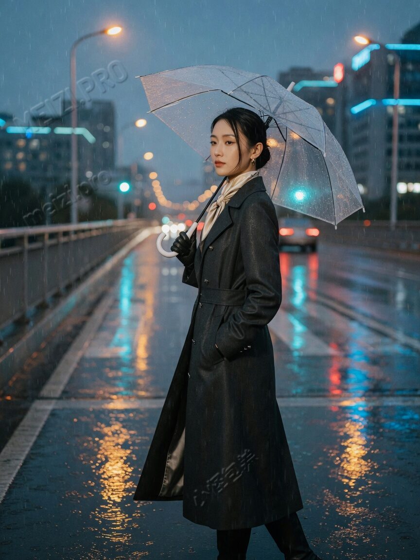雨夜高架上，长风衣女生撑透明伞回望——磁场乱不乱，先看你还肯不回