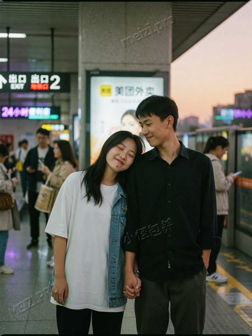 地铁口并肩牵手的随拍