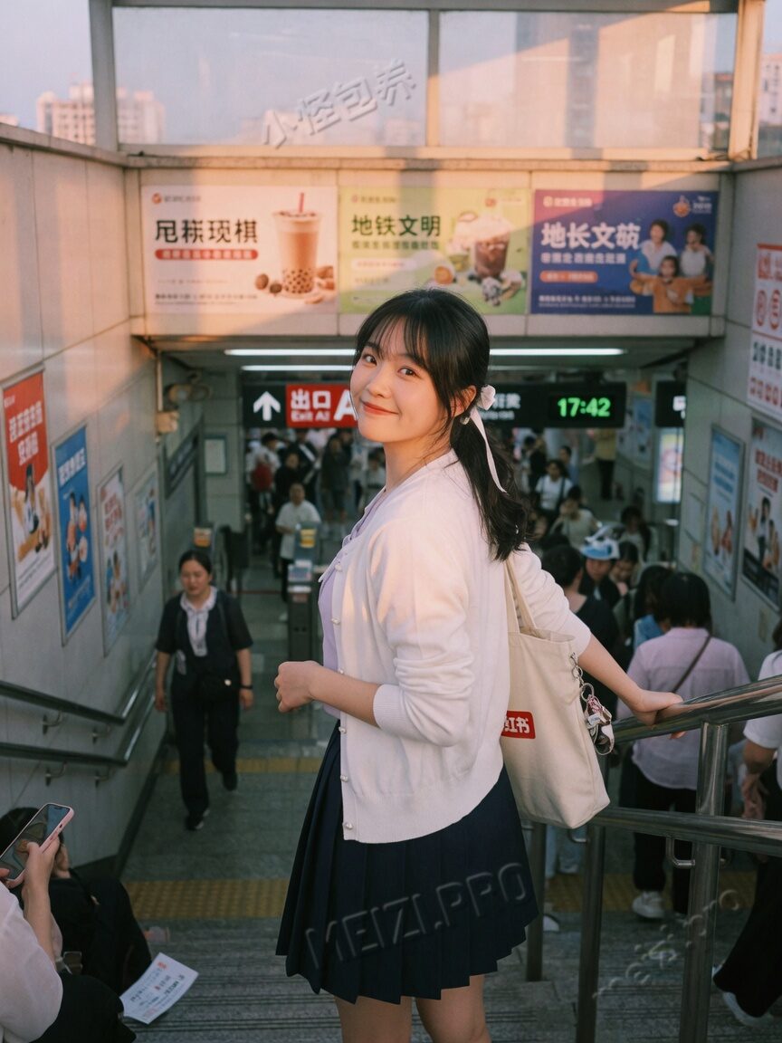 地铁口回眸的清爽写真