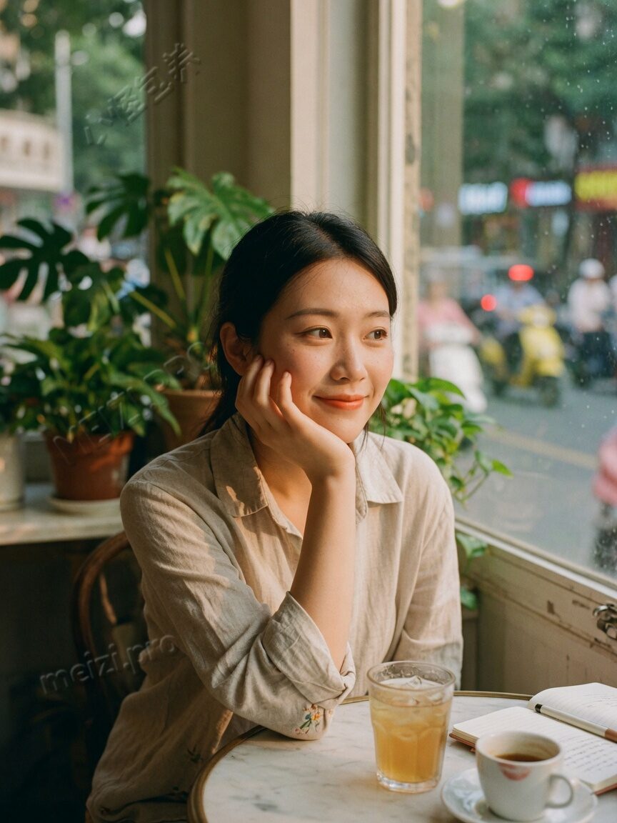 咖啡馆窗边独自落座的女生写真，侧光胶片质感
