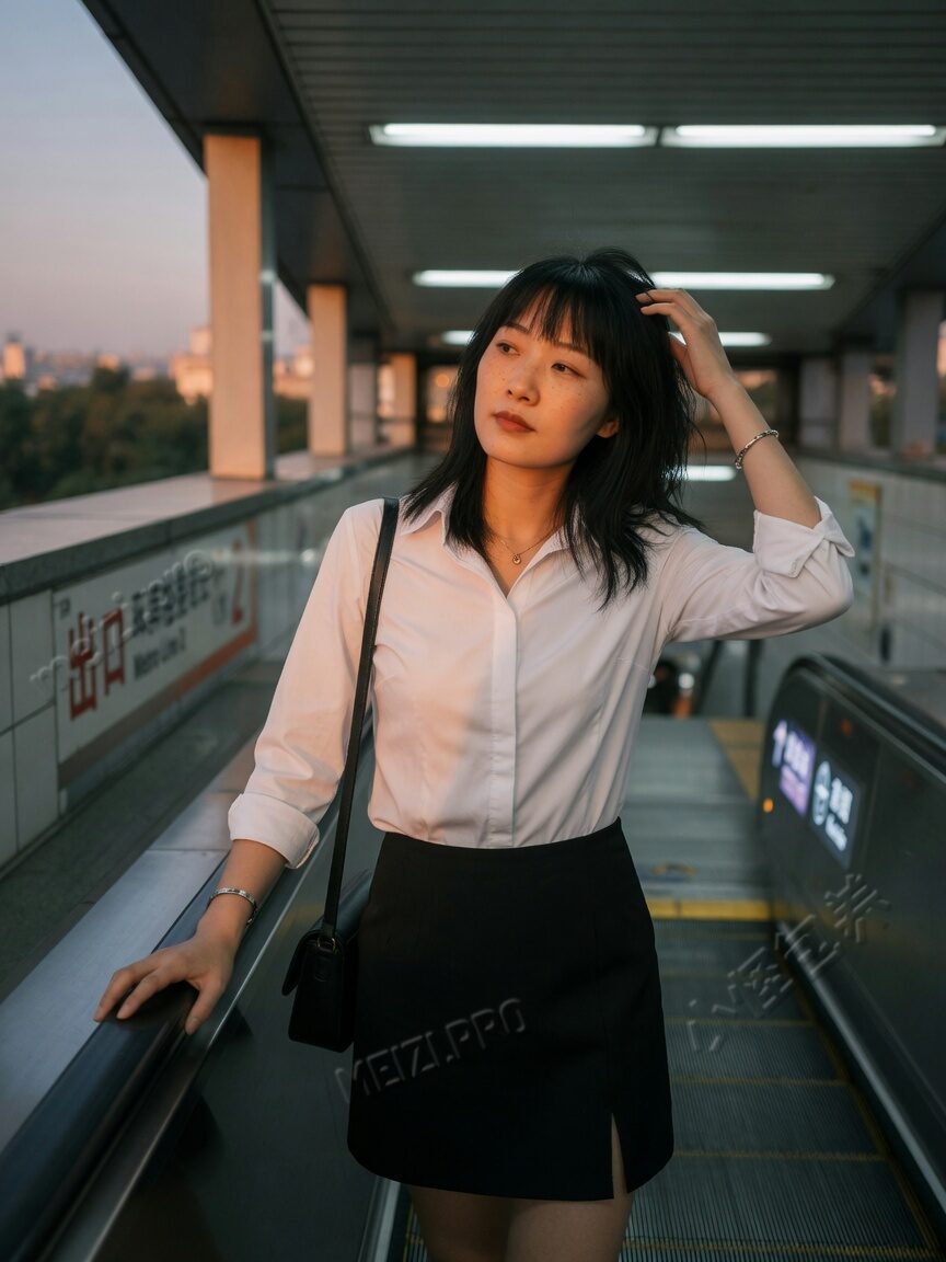 地铁口侧身拨发的街拍