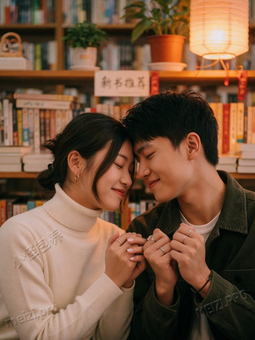 书店暖光下额头相抵的情侣pose