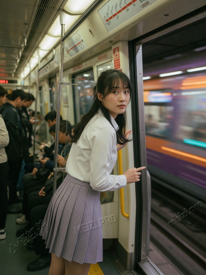 地铁回眸的学生气写真