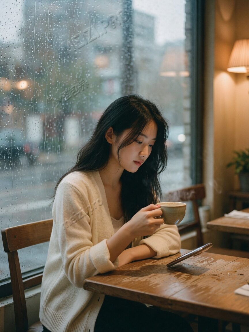 雨窗边一个人坐着发呆的女生写真