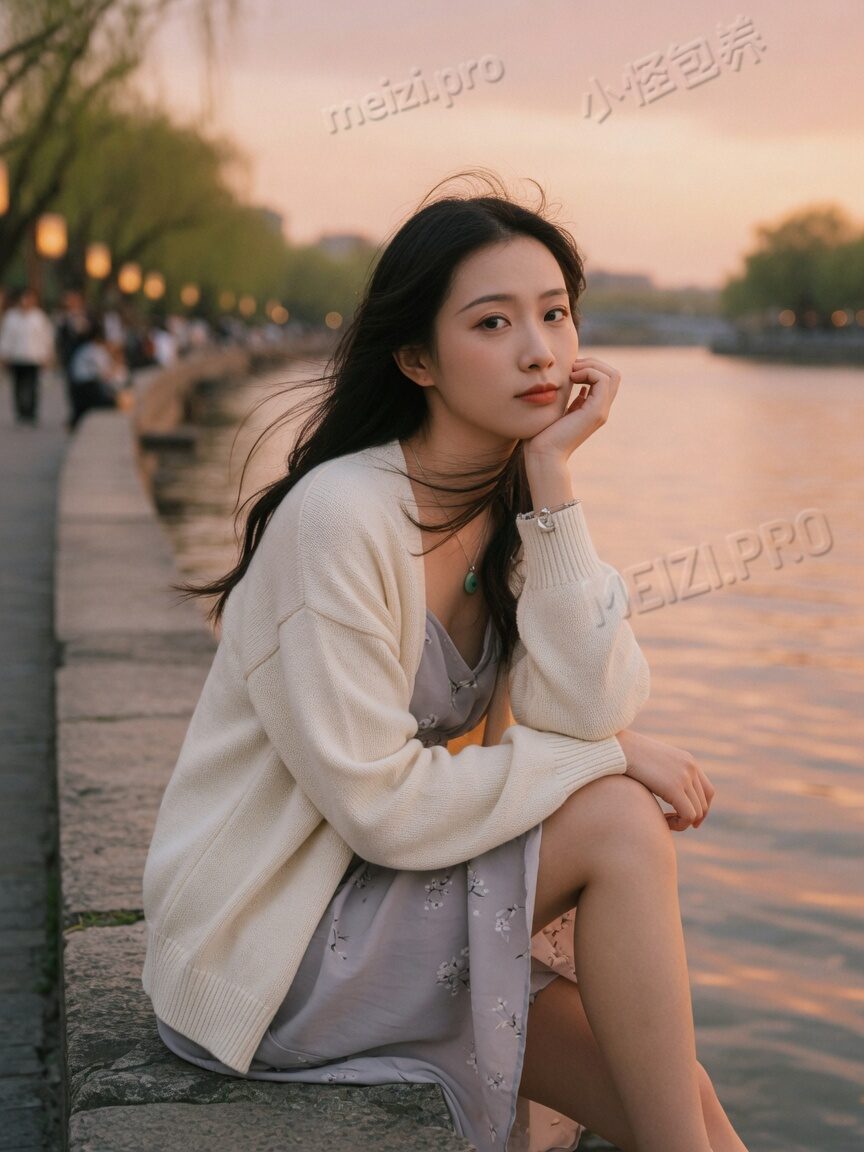河岸边侧坐的女生写真pose,傍晚逆光胶片质感
