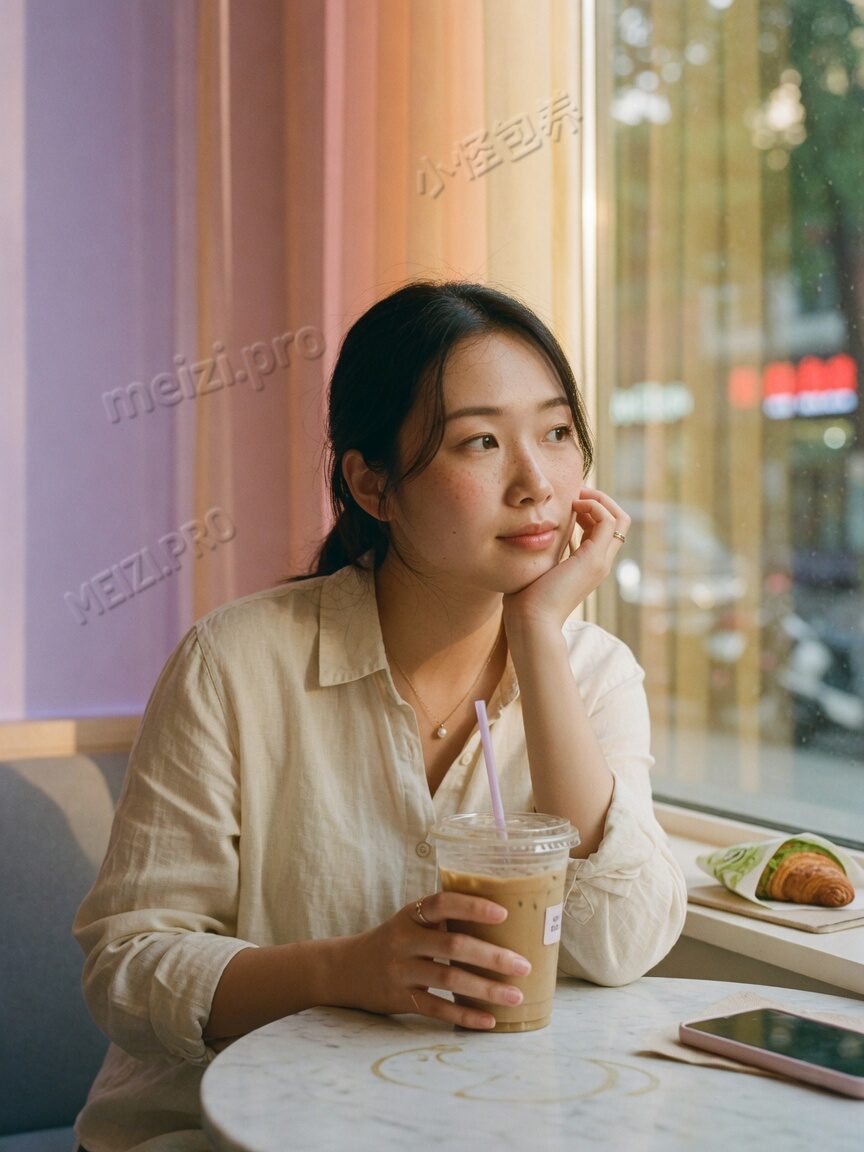 咖啡馆窗边沉思的女生写真pose，侧光，手托下巴，小红书胶片质感
