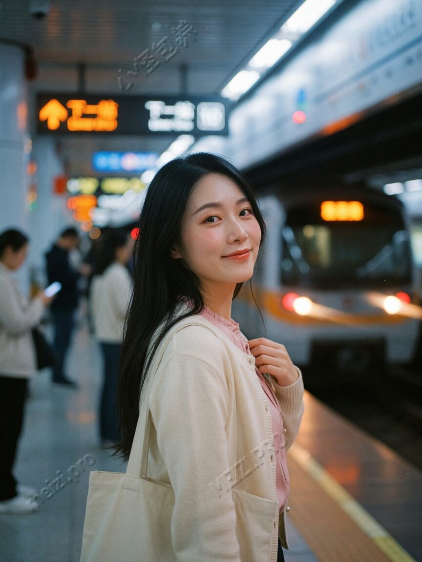 地铁站回眸的甜美写真，胶片感夜景