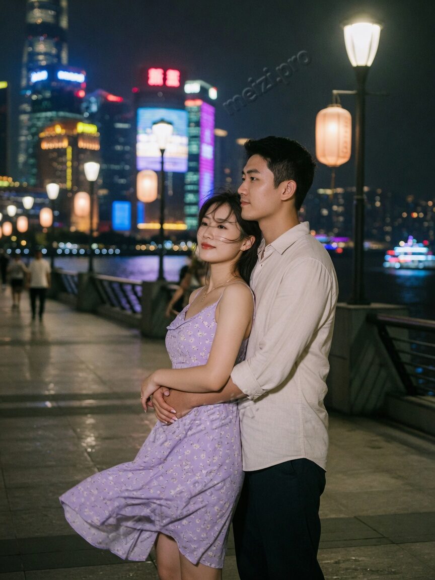 街边夜景里一对年轻情侣背后相拥