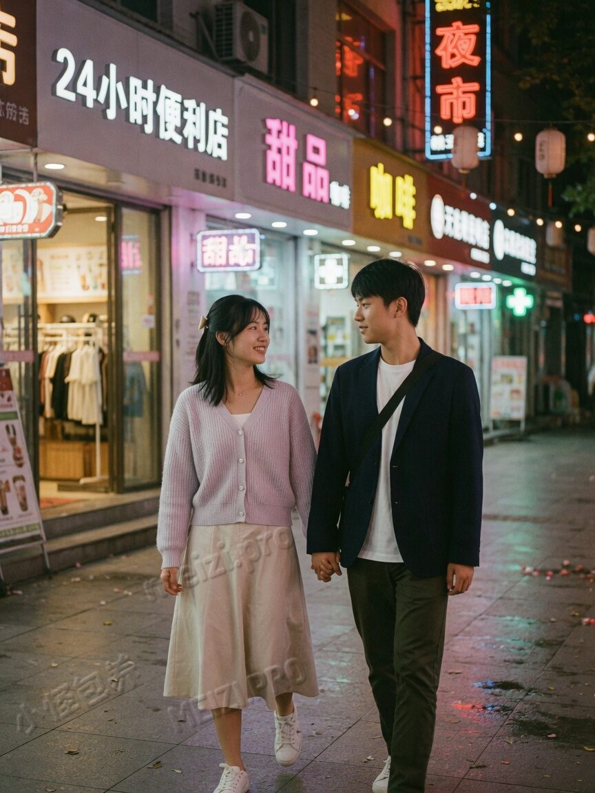 夜景步行街情侣牵手并肩