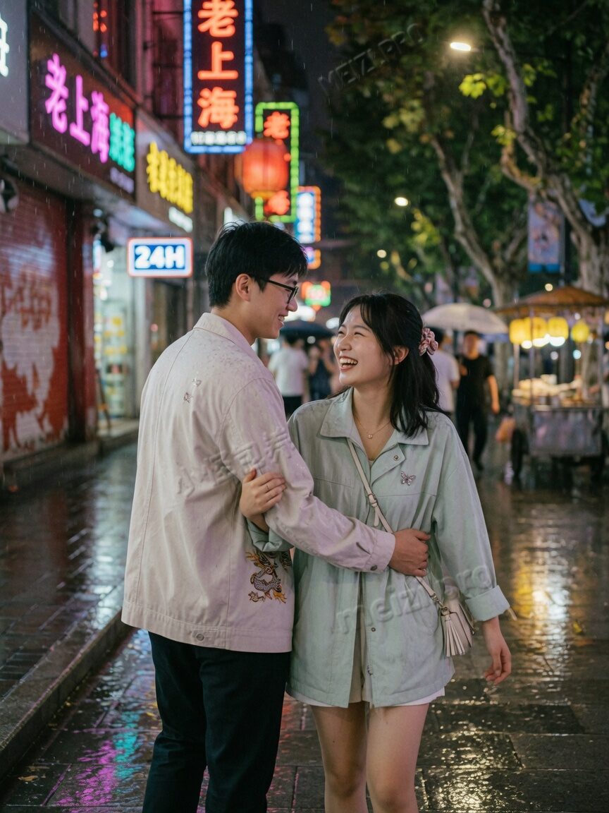 雨夜街拍情侣背后抱,胶片颗粒