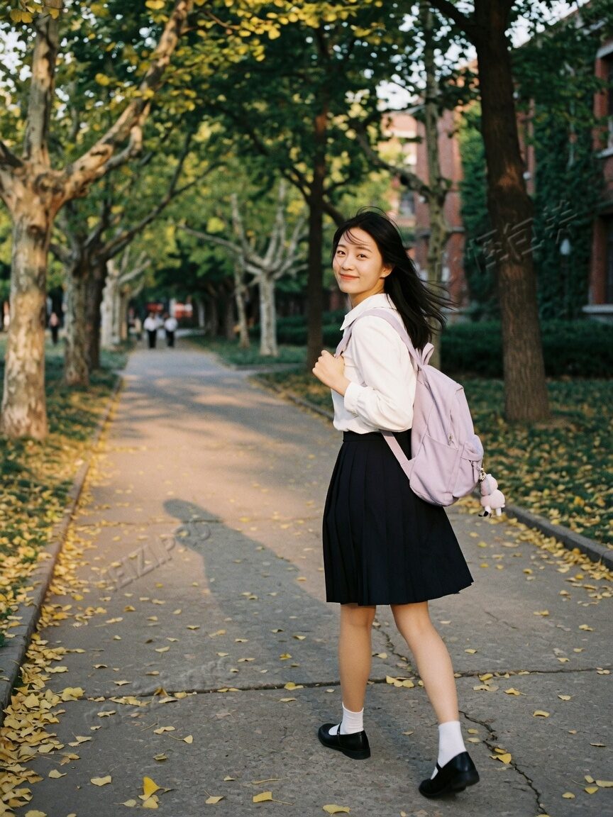 林荫道回眸走路的甜美学生气质女生写真