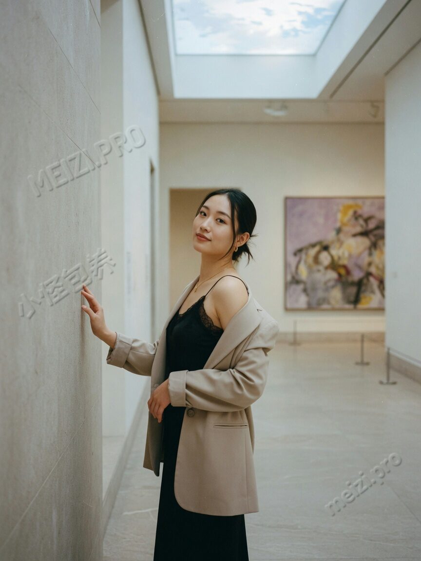 回眸站在明亮走廊里的女生