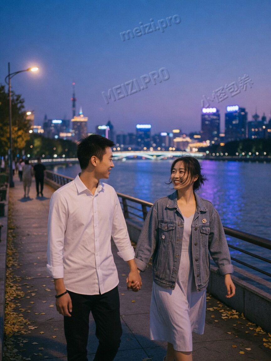 江边蓝调牵手街拍,情侣 pose