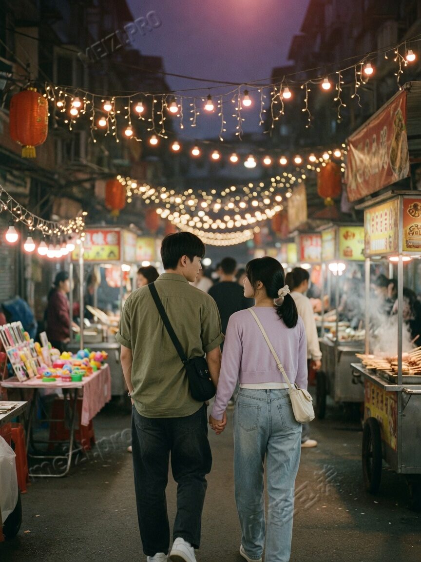 夜市牵手的背影