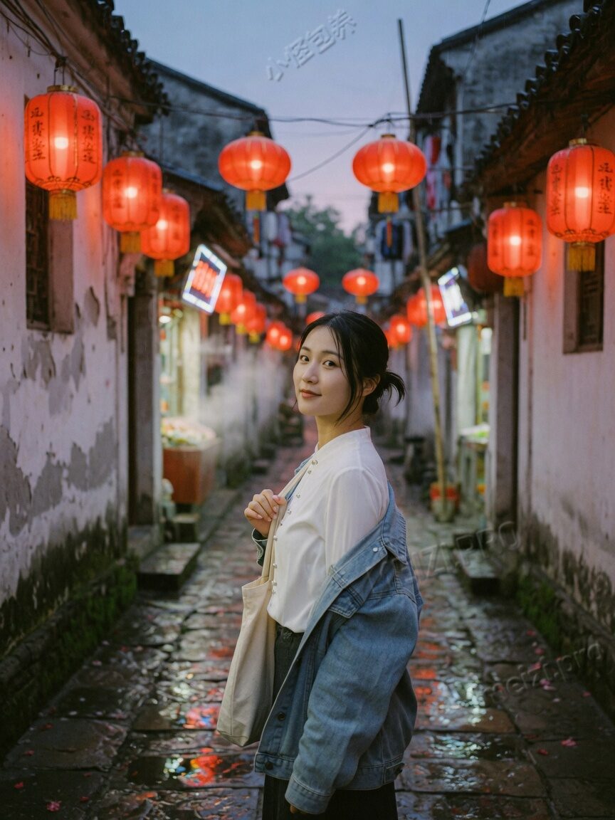 江南巷弄雨后回眸,女生写真pose,灯笼与湿石板