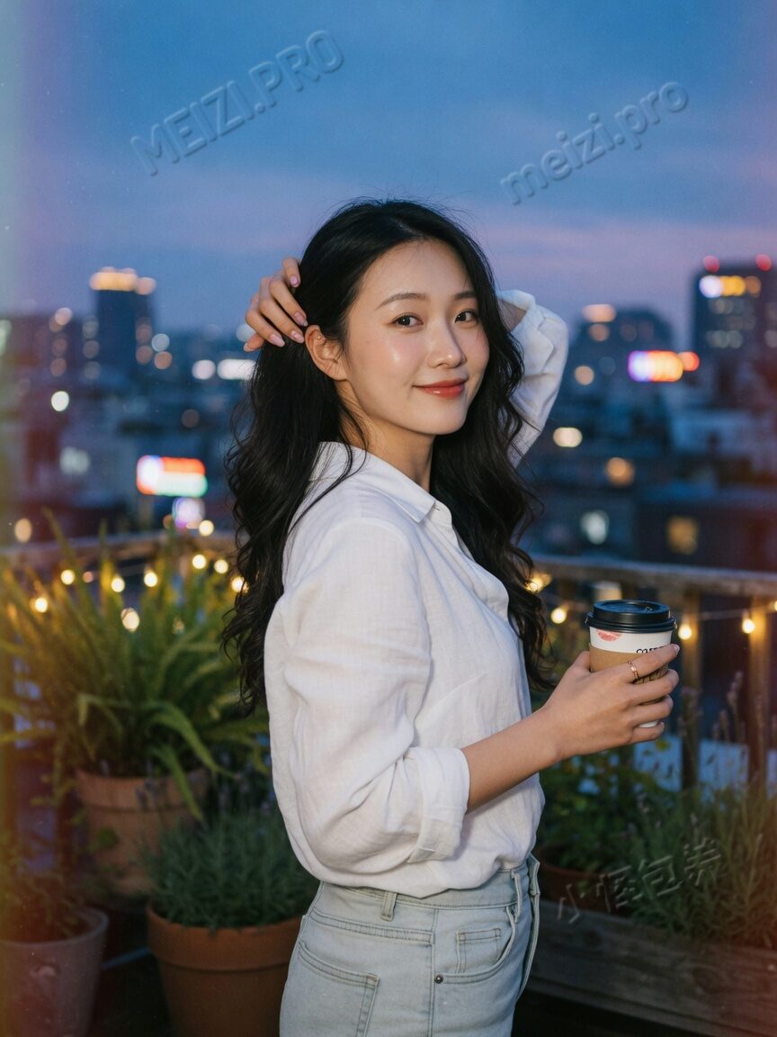 天台蓝调女生写真,手插发丝看镜头
