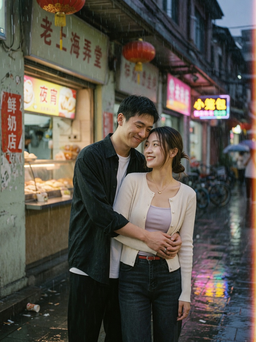 雨夜巷口背后拥抱的情侣街拍