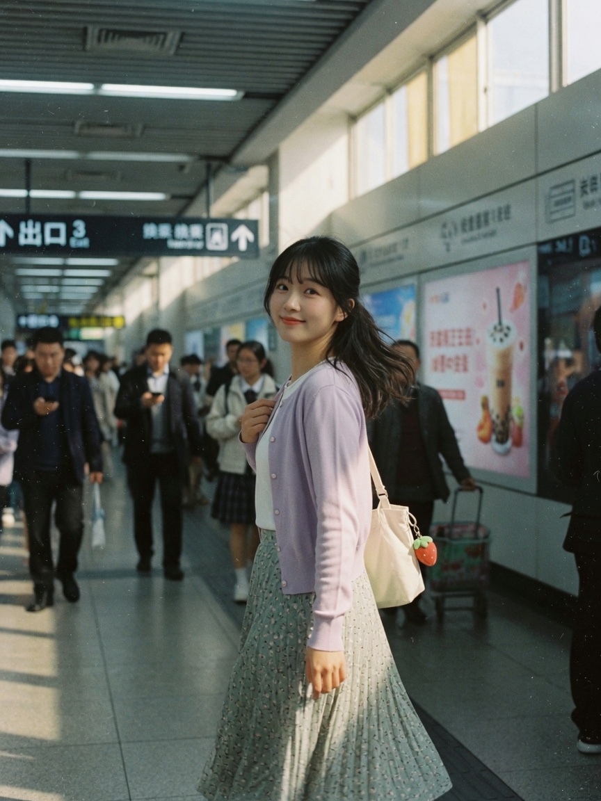 地铁回眸的甜美写真