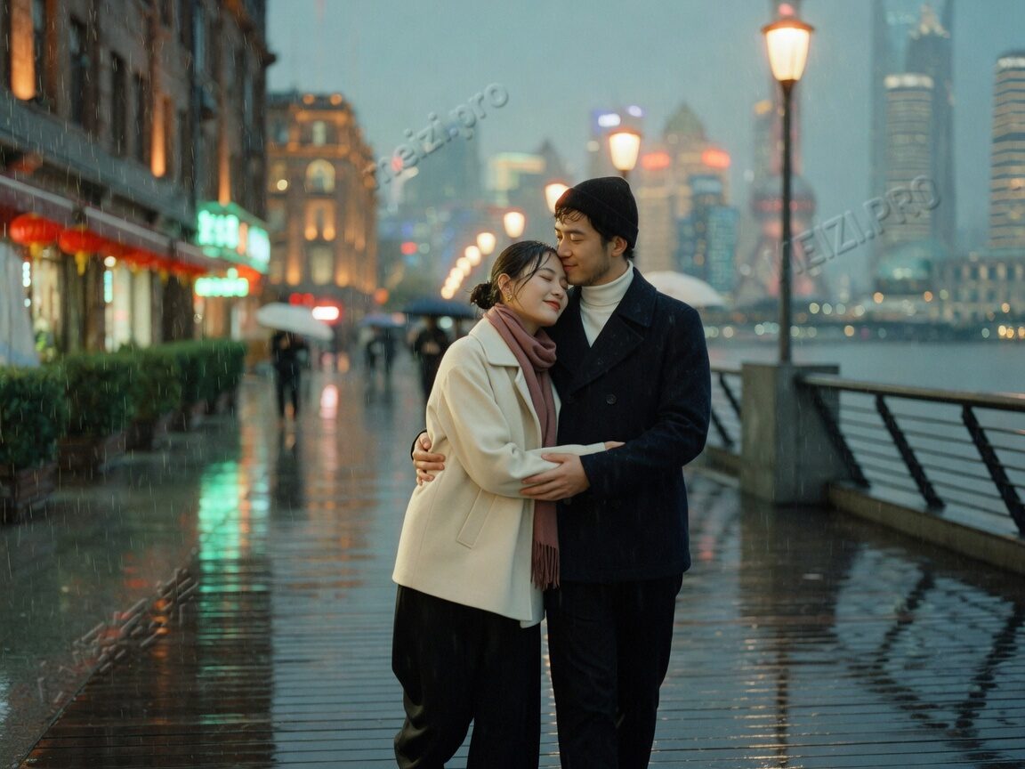 雨后江边 candid couple，背后环腰的情侣pose，小红书胶片感