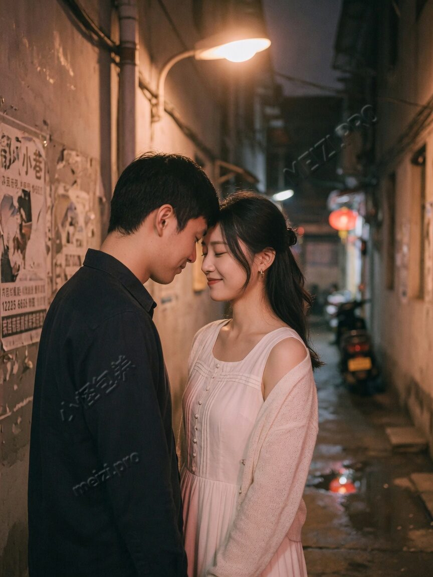 路灯下额头相抵的情侣pose,陪伴感胶片光