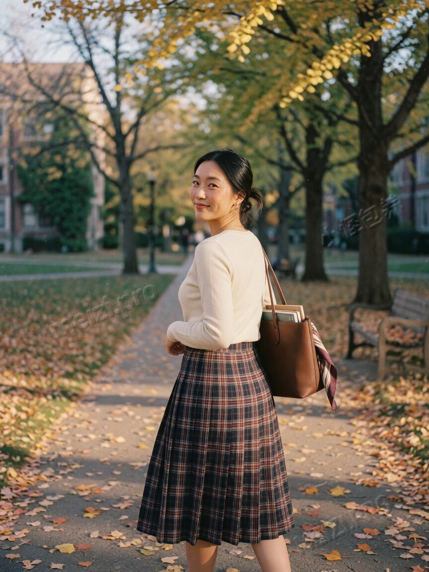 回眸走在林荫路上的女生写真，小红书胶片感