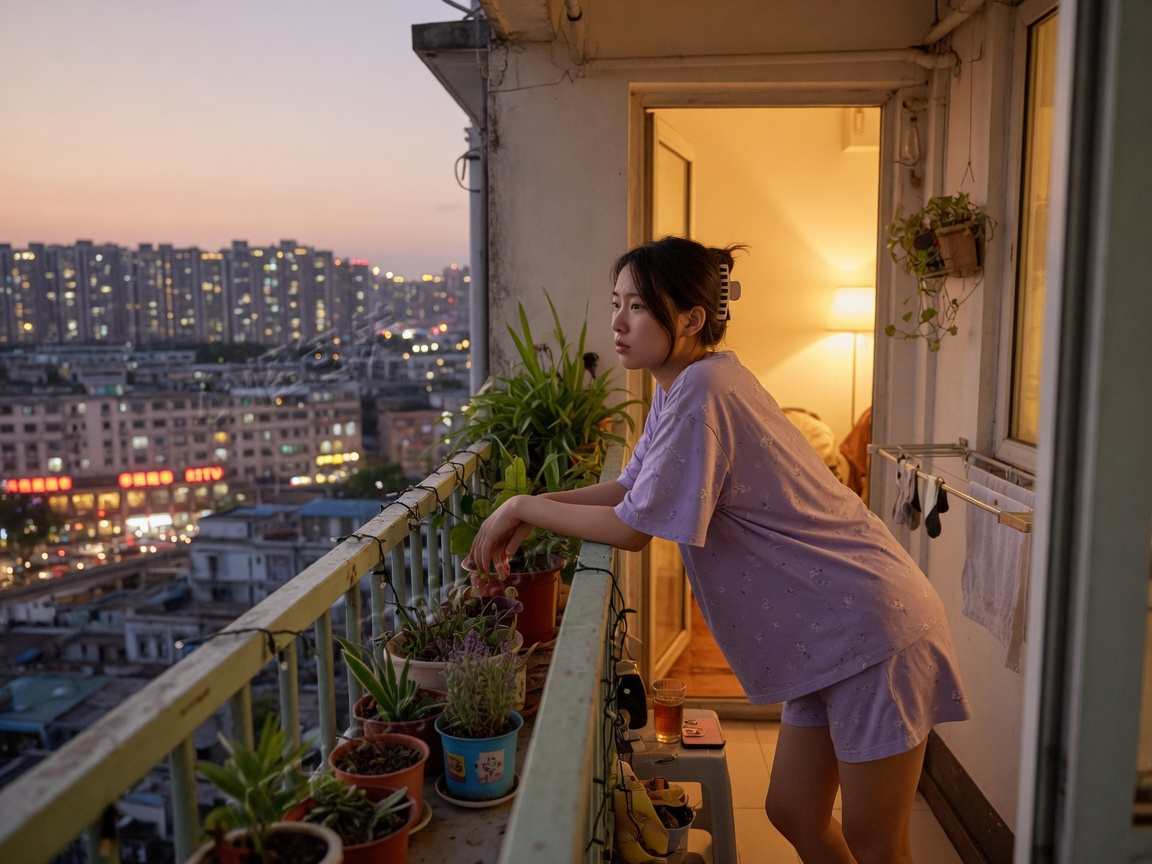 阳台黄昏，手机里的关系比窗外灯火更吵