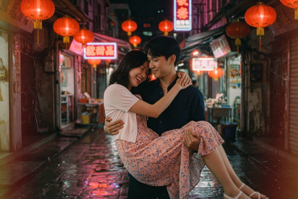 咖啡馆额头相抵,暖光胶片