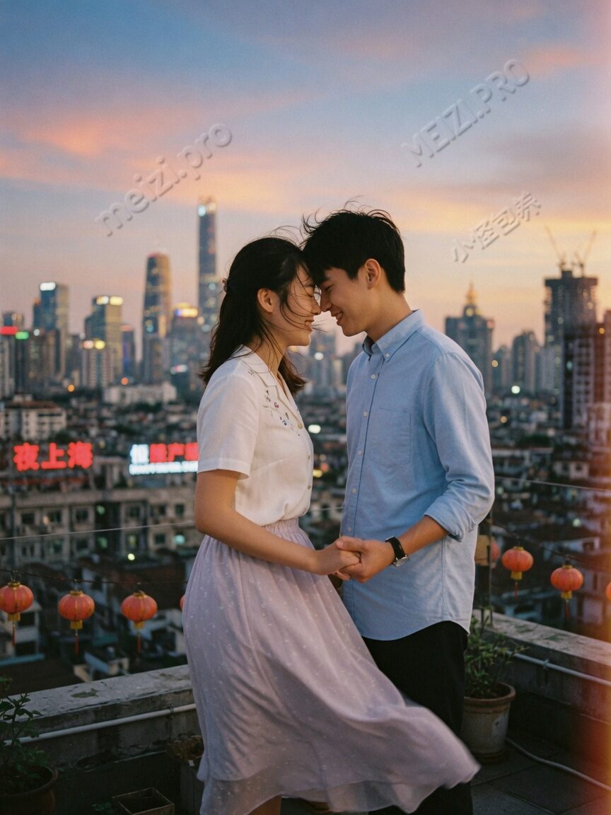 天台黄昏额头相抵的情侣pose