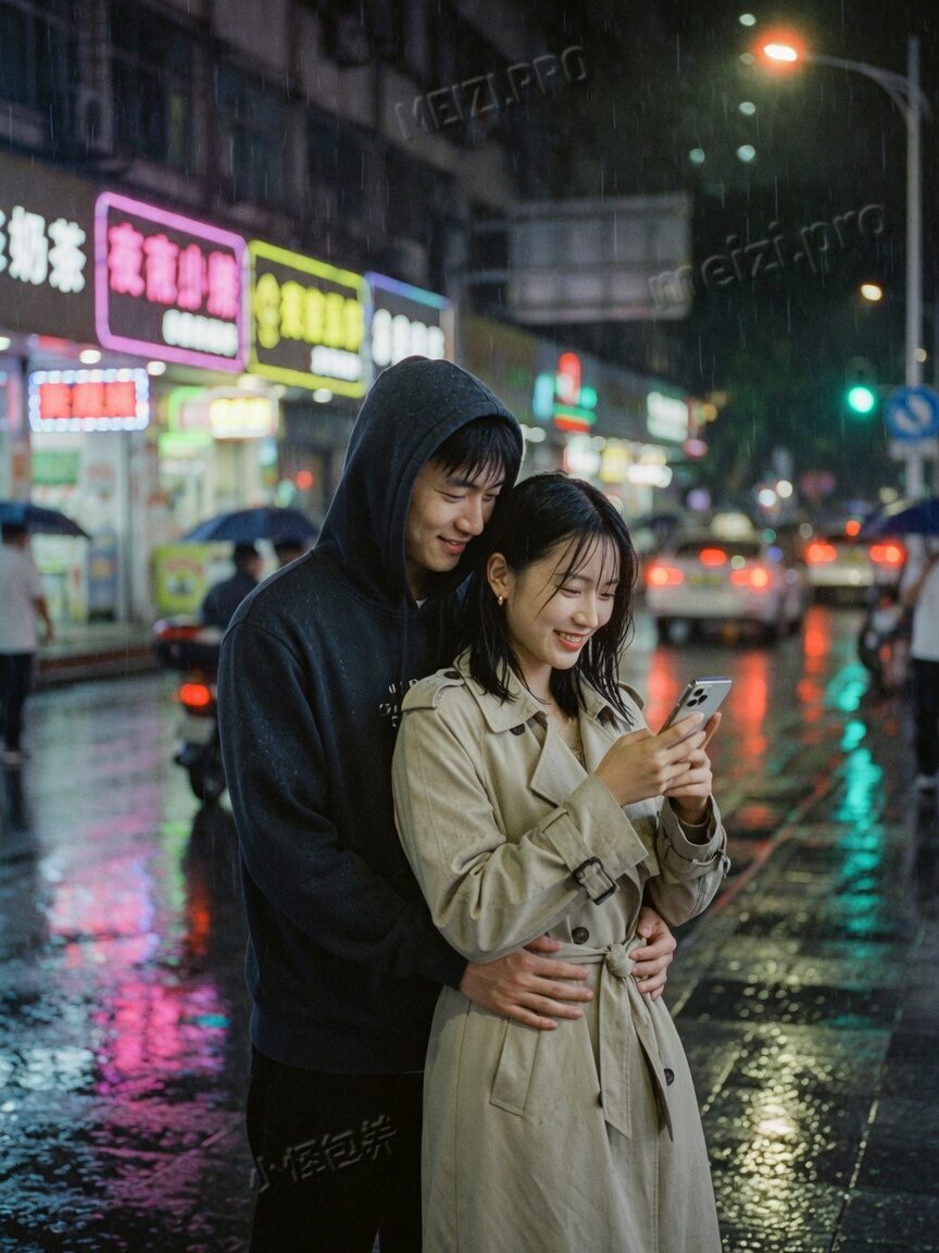 雨夜街头背后抱的情侣pose，两人一起低头看手机，霓虹倒影，85mm胶片感