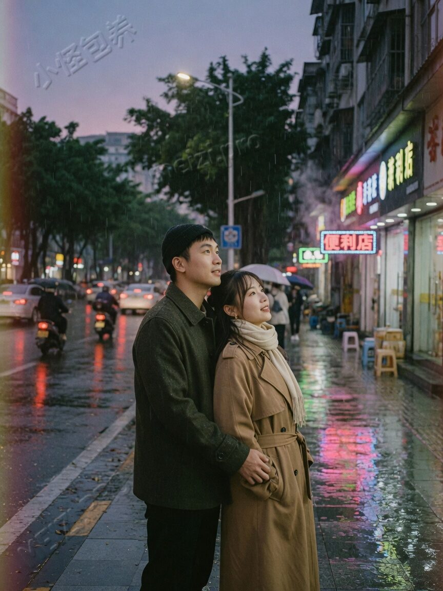雨夜街道背后环抱的情侣