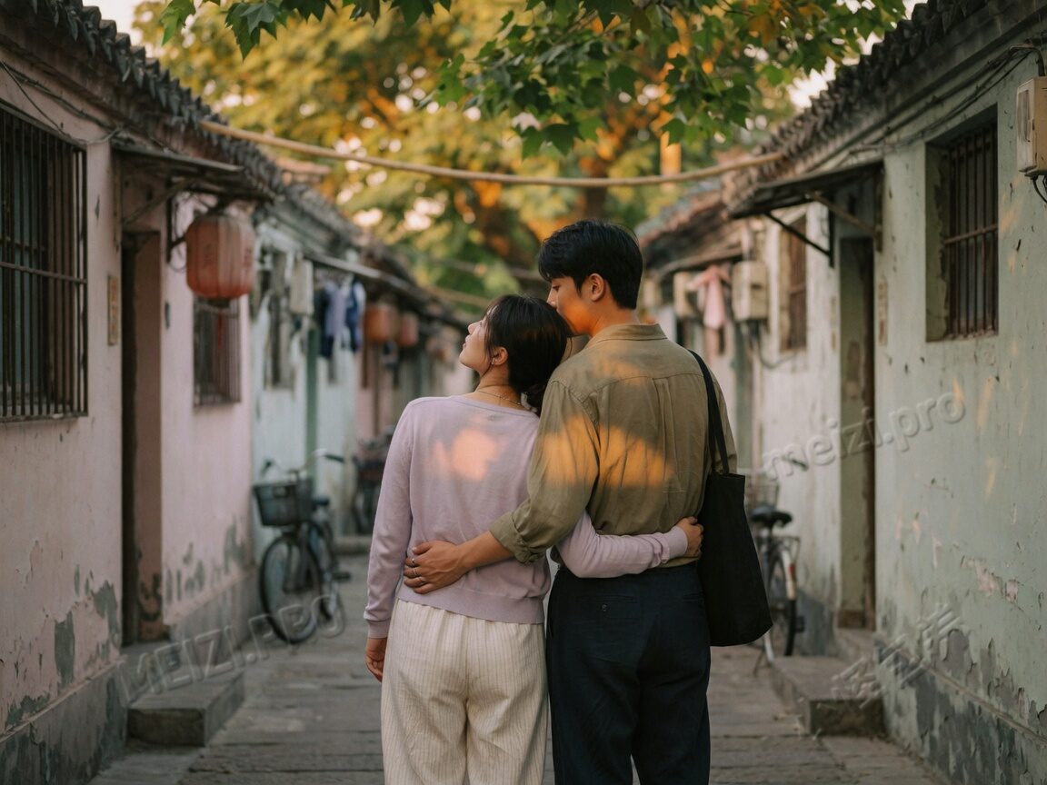 巷弄黄昏,情侣背后抱,她微微靠肩