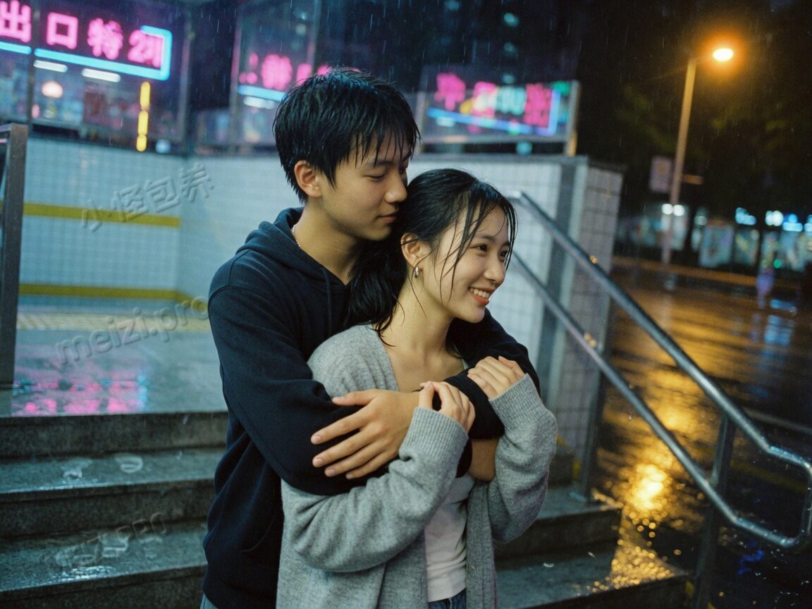 雨后地铁口背后抱的情侣