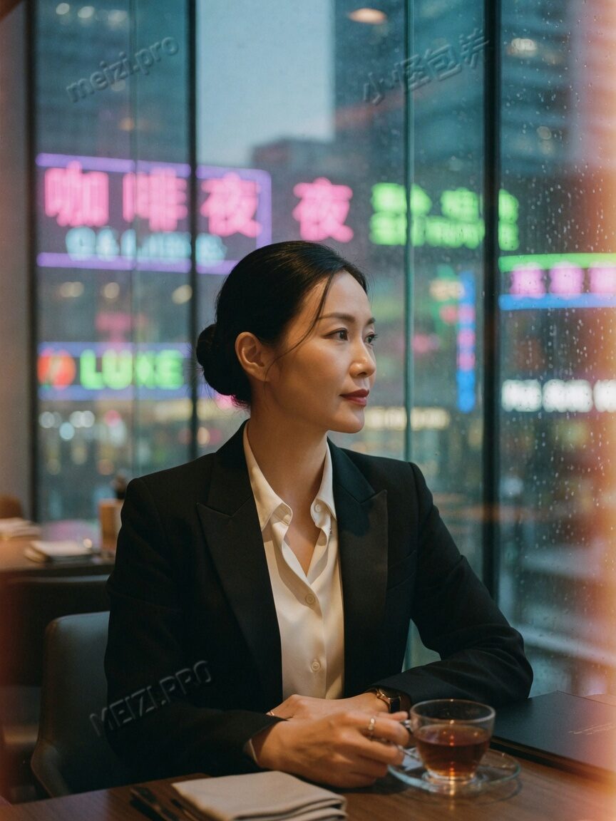 落地窗餐厅侧脸的职场感胶片写真