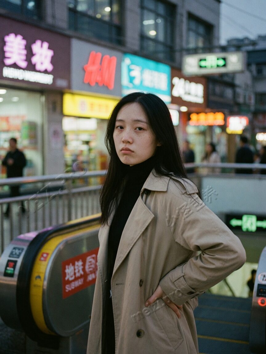 地铁口回眸的都市女生