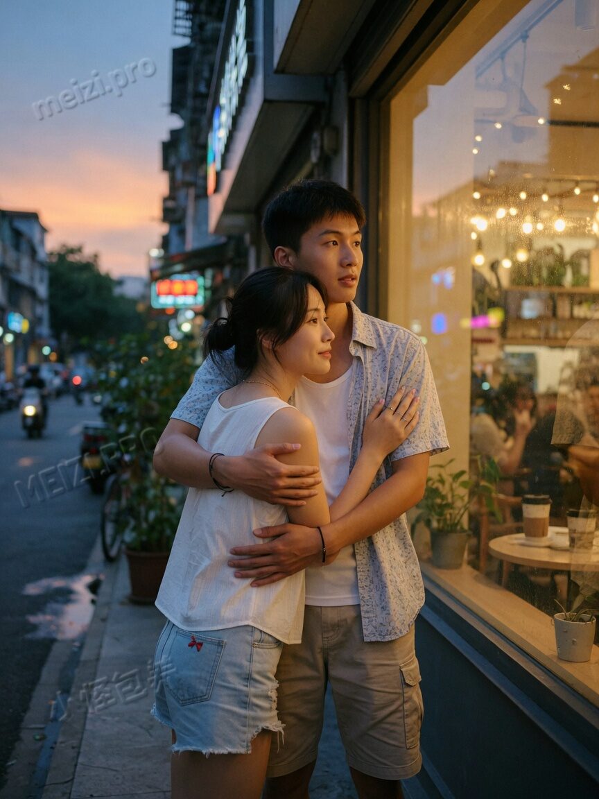 黄昏街边背后抱的情侣街拍，小红书胶片
