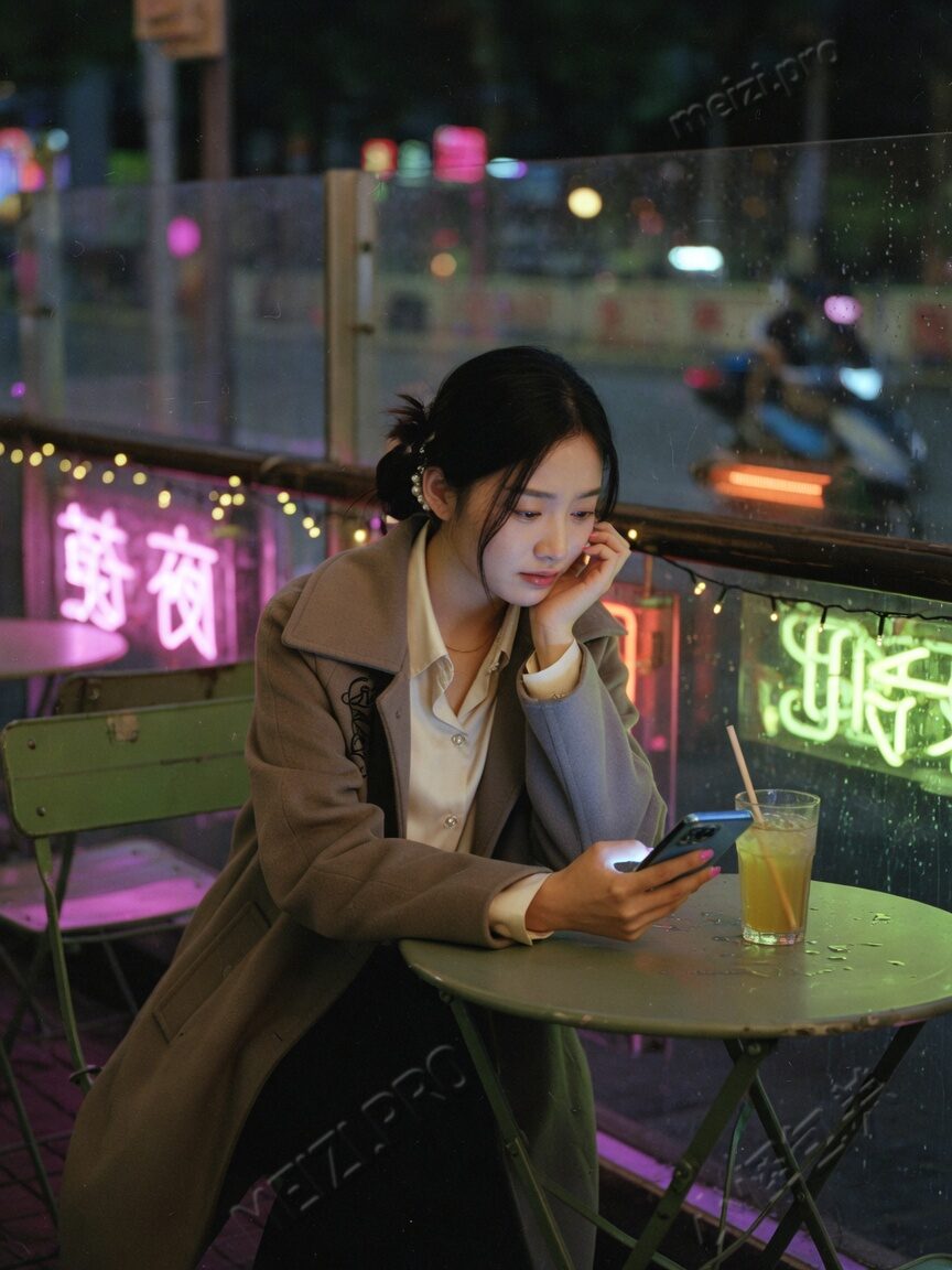 夜咖啡馆女生写真 pose，低头看手机，空座位对面，胶片质感