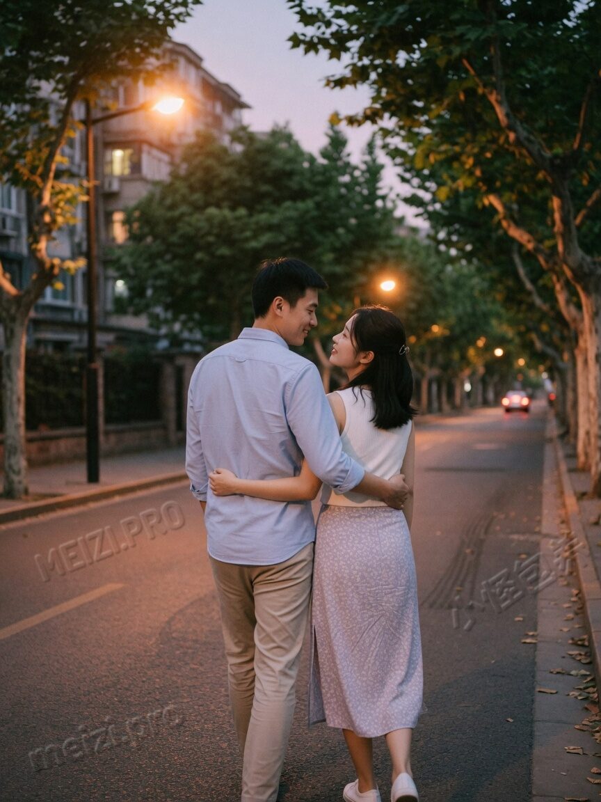 街边 candid 情侣 pose，背后轻抱，胶片暖光