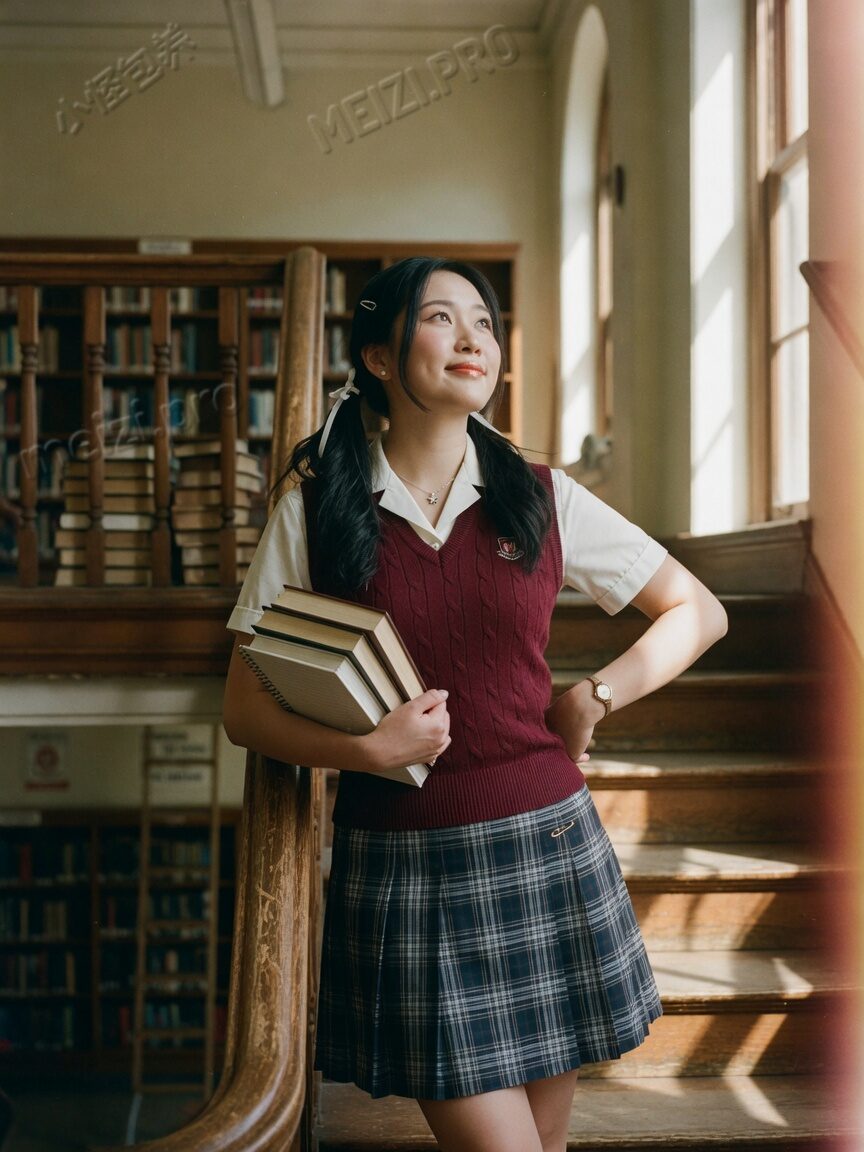 校园楼梯扶手插腰站立,学院感写真