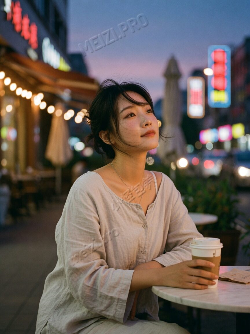 咖啡馆里独处的女生,傍晚胶片写真