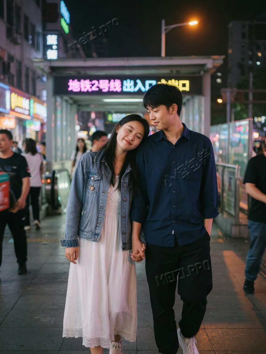 夜色地铁口的并肩