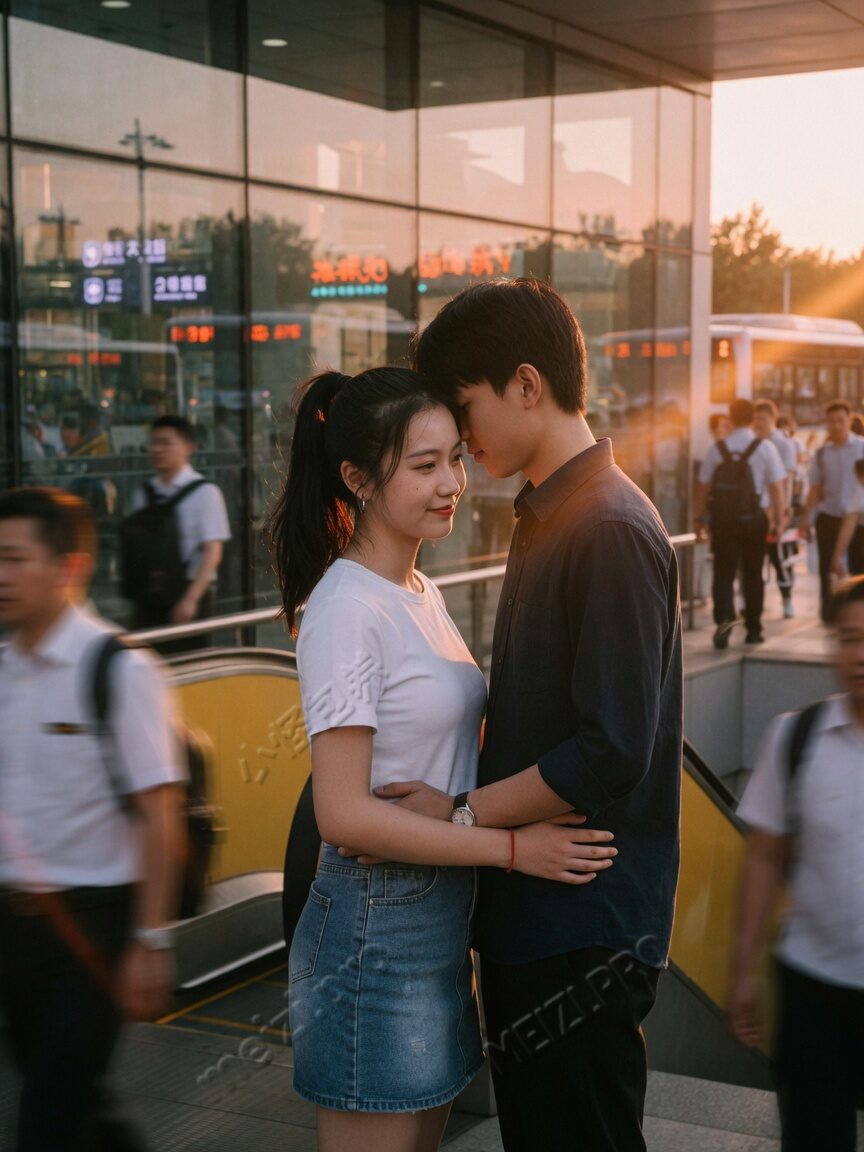 地铁口背后环抱的克制亲密