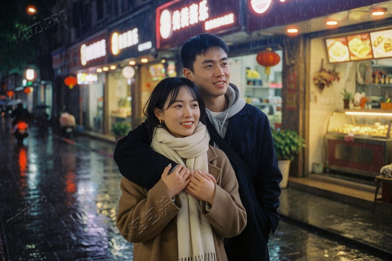 雨夜街灯下情侣背后抱 pose,暧昧却克制,胶片 85mm