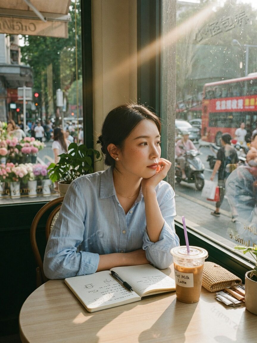 咖啡馆窗边独自坐着的女生,日光里像在核对下一段关系的条件