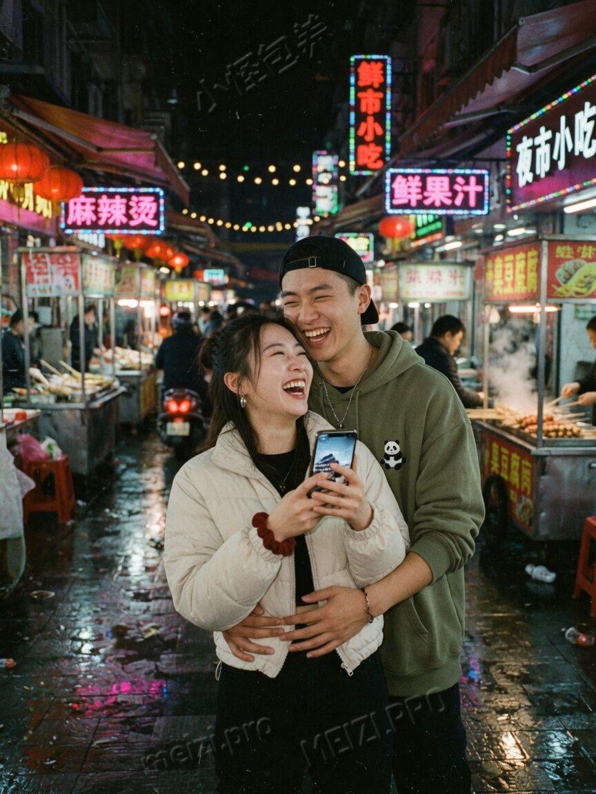 夜市巷口背后抱的情侣街拍