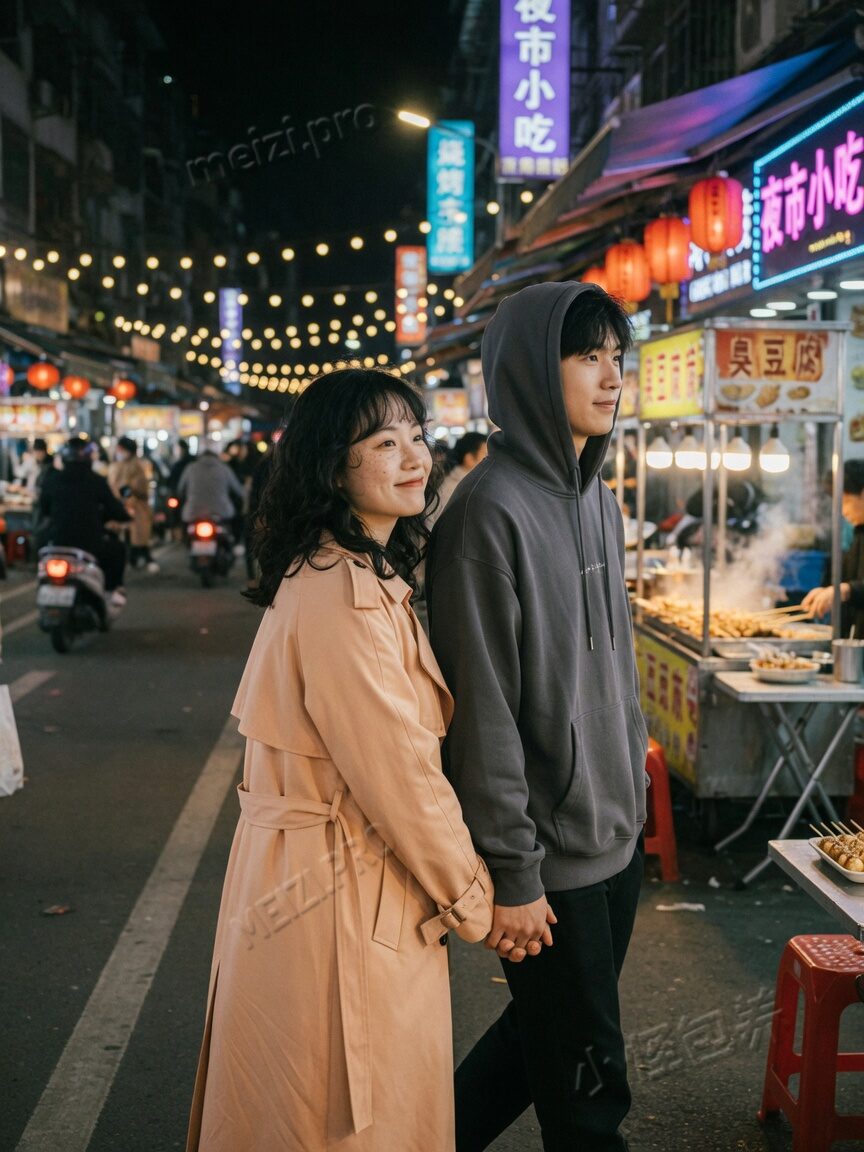 夜市街边牵手的情侣