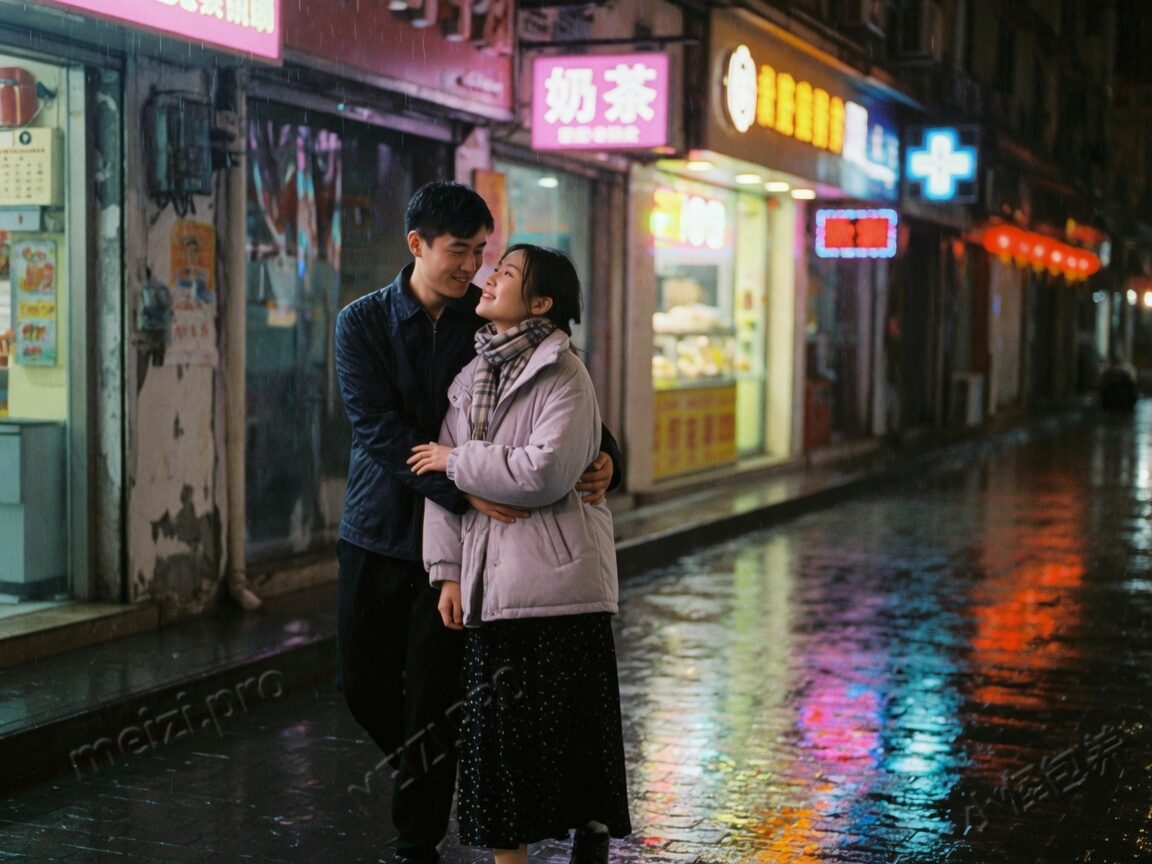 雨夜街头背后抱的情侣胶片写真
