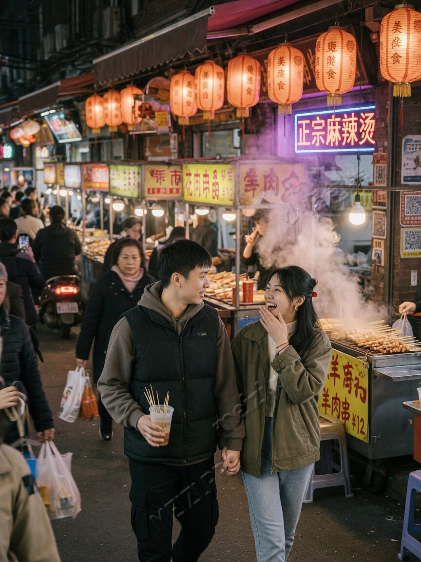 夜市巷弄牵手街拍情侣 pose,小红书旅行感